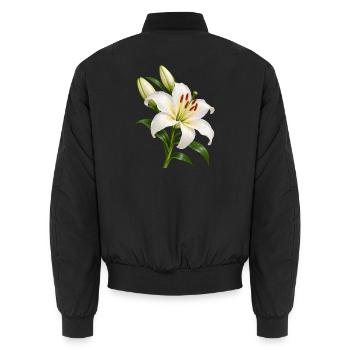 Weiße Lilienblüte mit Tau - Unisex Bomberjacke - Schwarz - Hinten - AI Model Male 185 light (185cm)