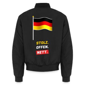 Stolz. Offen. Nett. - Fahne Schwarz Rot Gold - Unisex Bomberjacke - Schwarz - Hinten - AI Model Male 185 light (185cm)