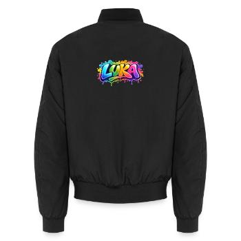 Graffiti LUKA Name Gift Ideal Printable - Unisex Bomber Jacket - black - Back - AI Model Male 185 light (185cm)