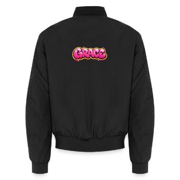 GRACE GRAFFITI NAME FOR PERFECT GIFT PRINTABLE on - Unisex Bomber Jacket - black - Back - AI Model Male 185 light (185cm)