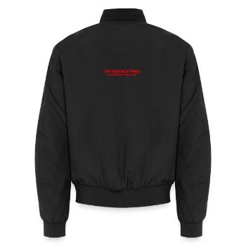 I Do Very Bad Things – Red Typo - Unisex Bomber Jacket - black - Back - AI Model Male 185 light (185cm)