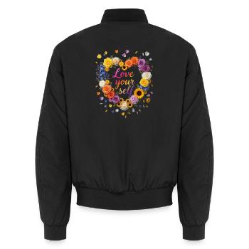 Love Your Self Blütenherz Design - Unisex Bomberjacke - Schwarz - Hinten - AI Model Male 185 light (185cm)