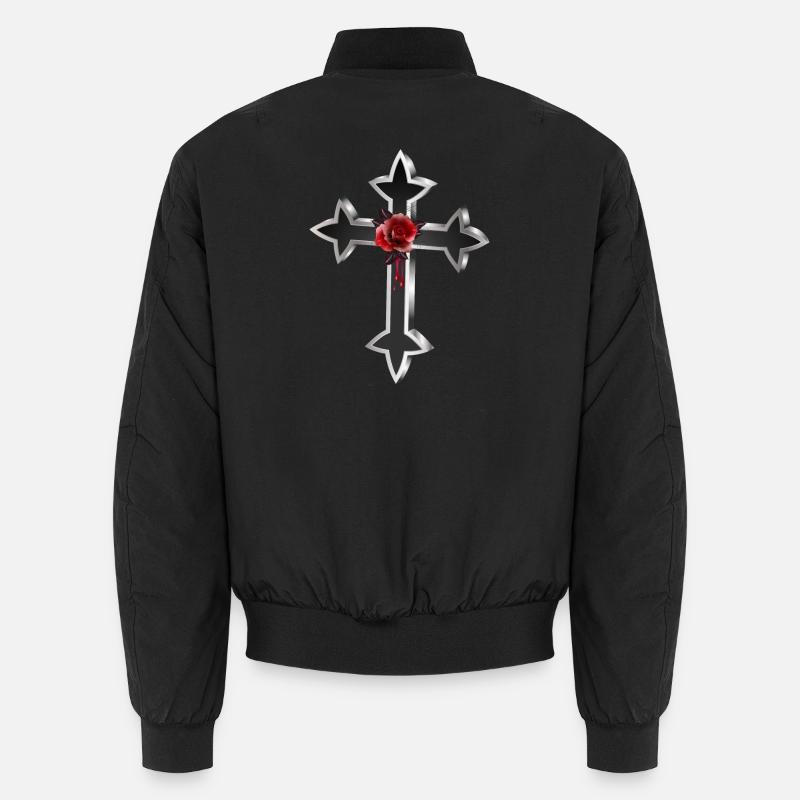 black silver gothic cross with red rose Unisex Bomber Jacket