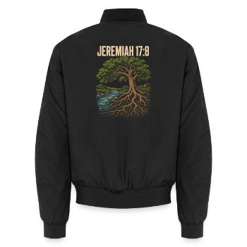 Jeremia 17 8 Baum am Wasser tiefe Wurzeln - Unisex Bomberjacke - Schwarz - Hinten - AI Model Male 185 light (185cm)