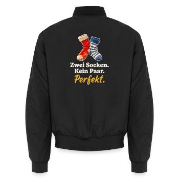 Zwei Socken. Kein Paar. Perfekt. - Unisex Bomberjacke - Schwarz - Hinten - AI Model Male 185 light (185cm)