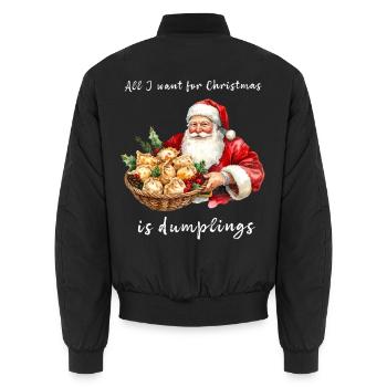 Der Weihnachtsmann mit einem Teller Knödel. Aquarell-Stil. - Unisex Bomberjacke - Schwarz - Hinten - AI Model Male 185 light (185cm)