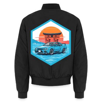 Retro 90er JDM R34 Torii Gate Japan Hex-Emblem - Unisex Bomberjacke - Schwarz - Hinten - AI Model Male 185 light (185cm)