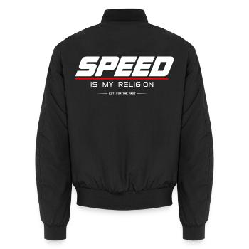 SPEED_IS_MY_RELIGION - Unisex Bomber Jacket - black - Back - AI Model Male 185 light (185cm)
