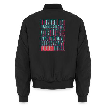 Bold Text Protest Message Design - Unisex Bomber Jacket - black - Back - AI Model Male 185 light (185cm)