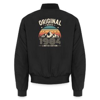Vintage Born in March 1984 Original 42 years ago - Unisex Bomber Jacket - black - Back - AI Model Male 185 light (185cm)