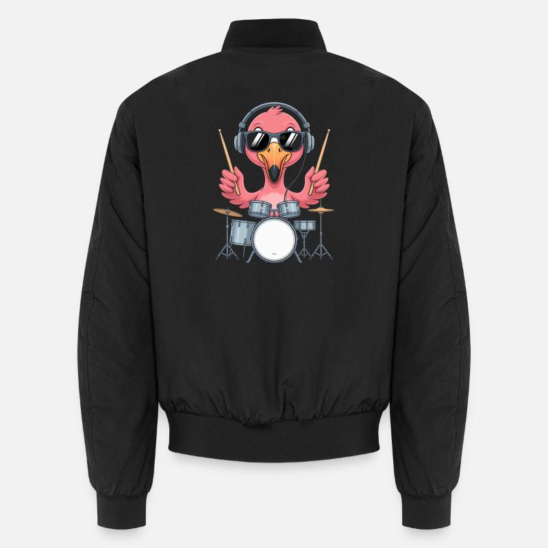 Flamingo Drummer With Headphones - Unisex Bomber Jacket - black