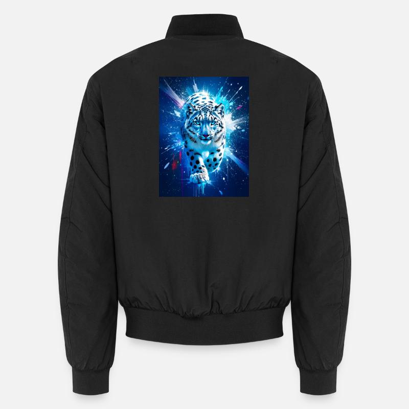 Ein Schneeleopard leuchtet inmitten eines eisblauen und silbernen Sterns Unisex Bomberjacke
