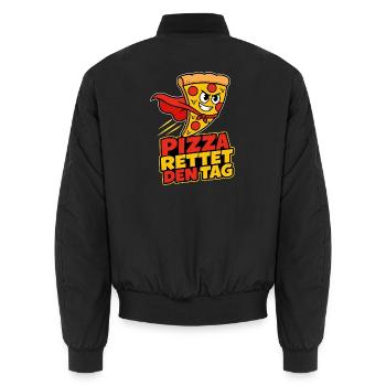 Pizza rettet den Tag – Held im Comic Look - Unisex Bomberjacke - Schwarz - Hinten - AI Model Male 185 light (185cm)