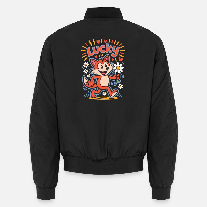 Lucky Cartoon Fox with Daisy - Unisex Bomber Jacket - black