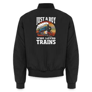 Only a boy who loves trains Railroad - Unisex Bomber Jacket - black - Back - AI Model Male 185 light (185cm)