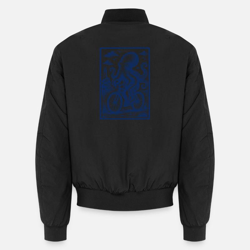 Octopus on Bicycle – Maritime Woodcut Unisex Bomber Jacket