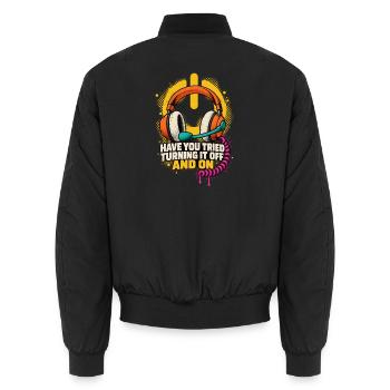 Headset Humor: Ein-Aus Spruch - Unisex Bomberjacke - Schwarz - Hinten - AI Model Male 185 light (185cm)