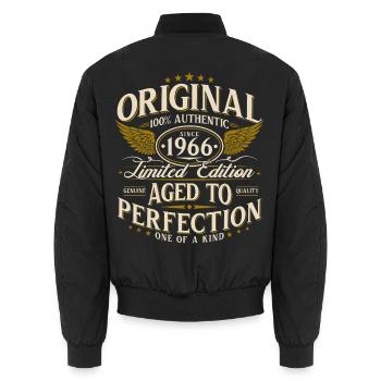 60th Birthday Gift 1966 Vintage Born - Unisex Bomber Jacket - black - Back - AI Model Male 185 light (185cm)