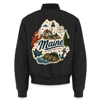 Maine Pine Tree State Vintage Küstenaufkleber - Unisex Bomberjacke - Schwarz - Hinten - AI Model Male 185 light (185cm)