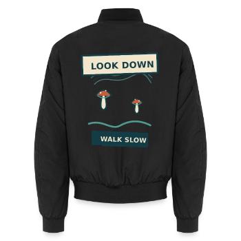 Pilzsuche – schau nach unten, geh langsam - Unisex Bomberjacke - Schwarz - Hinten - AI Model Male 185 light (185cm)
