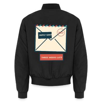 Brieffreund — Antwort drei Wochen zu spät gesendet - Unisex Bomberjacke - Schwarz - Hinten - AI Model Male 185 light (185cm)