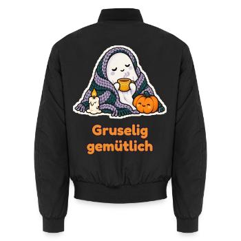 Gruselig gemütlich – Geist mit Decke und Tee - Unisex Bomberjacke - Schwarz - Hinten - AI Model Male 185 light (185cm)