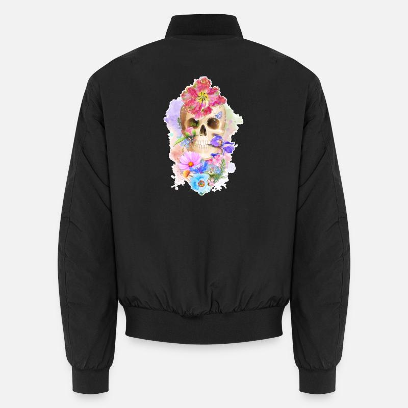 Farbenfroher Schädel mit Blumen Herz Unisex Bomberjacke