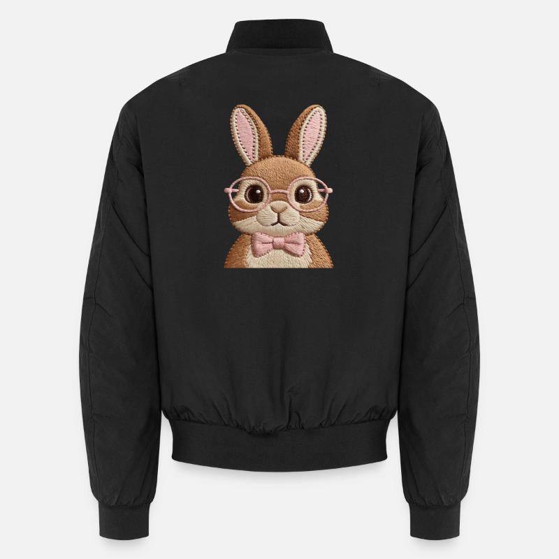 Cute Easter Bunny with Glasses & Bow – Embroidery Look Unisex Bomber Jacket