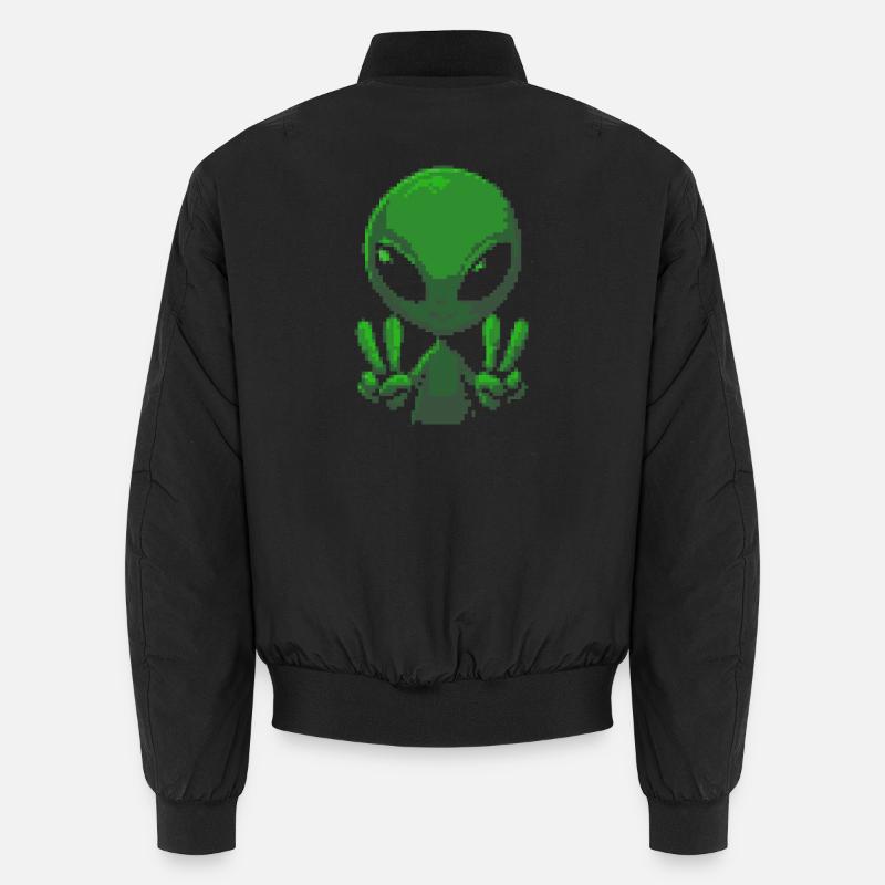 Pixel Green Alien Peace Sign - Unisex Bomber Jacket - black