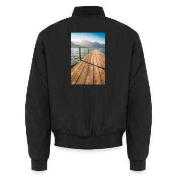 Wooden jetty at the mountain lake in the sunlight - Unisex Bomber Jacket - black - Back - AI Model Male 185 light (185cm)