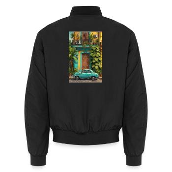 Tropischer Oldtimer im sonnenbeschienenen Innenhof - Unisex Bomberjacke - Schwarz - Hinten - AI Model Male 185 light (185cm)