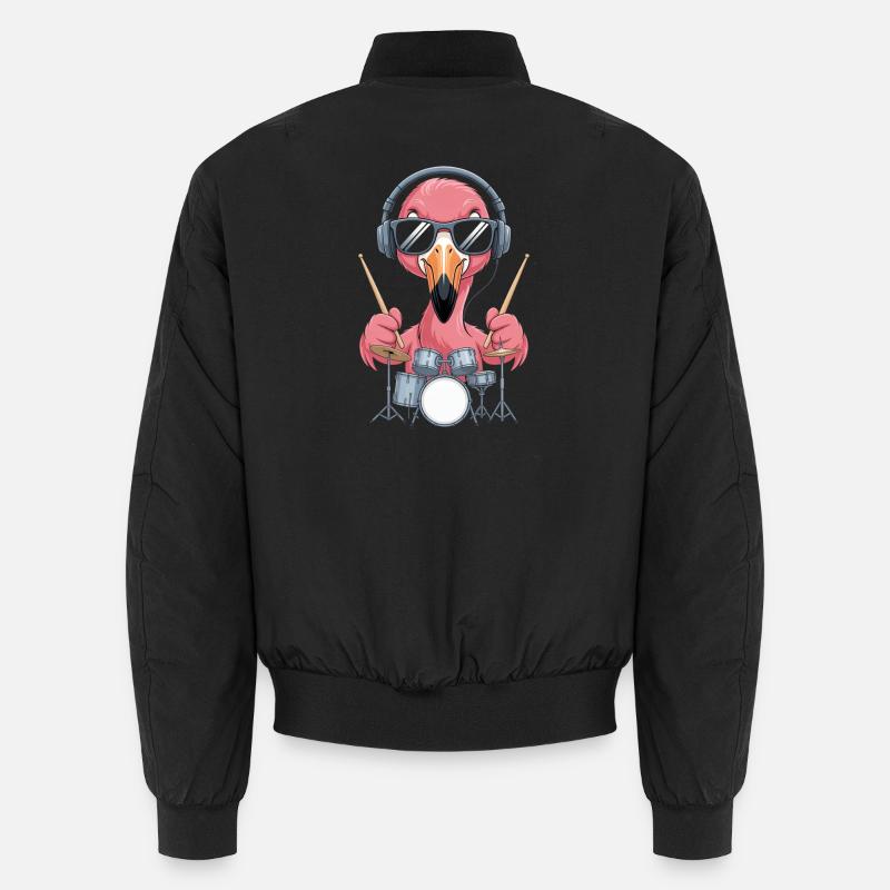 Flamingo Drummer With Headphones - Unisex Bomber Jacket - black