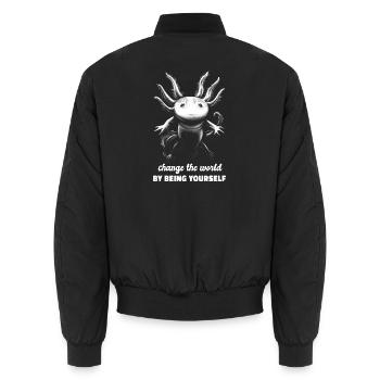 Axolotl Spruch Change The World By Being Yourself - Unisex Bomberjacke - Schwarz - Hinten - AI Model Male 185 light (185cm)