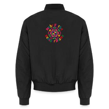 Mehr Farbe Weniger Drama – Buntes Statement - Unisex Bomberjacke - Schwarz - Hinten - AI Model Male 185 light (185cm)