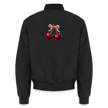 Burgunderrote Kirschen mit zartrosa Schleife - Unisex Bomberjacke - Schwarz - Hinten - AI Model Male 185 light (185cm)