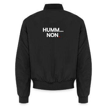 HUMM... NO | Minimalist humor expression - Unisex Bomber Jacket - black - Back - AI Model Male 185 light (185cm)