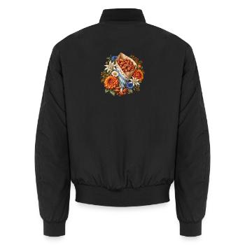 Gebrannte Mandeln mit Edelweiß & Blumen - Unisex Bomberjacke - Schwarz - Hinten - AI Model Male 185 light (185cm)