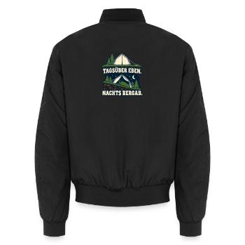 Tagsüber eben. Nachts bergab. – Camping - Unisex Bomberjacke - Schwarz - Hinten - AI Model Male 185 light (185cm)