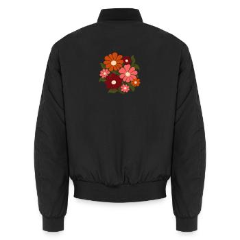 Retro Blumen – Flower Power in Orange und Rosa - Unisex Bomberjacke - Schwarz - Hinten - AI Model Male 185 light (185cm)
