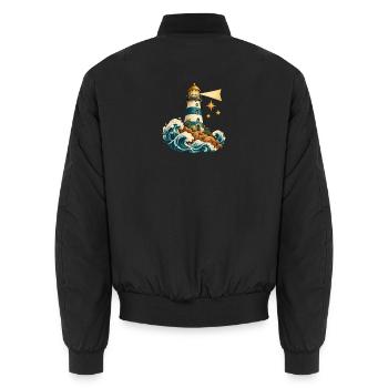 Aquarell Leuchtturm auf den Wellen - Unisex Bomberjacke - Schwarz - Hinten - AI Model Male 185 light (185cm)