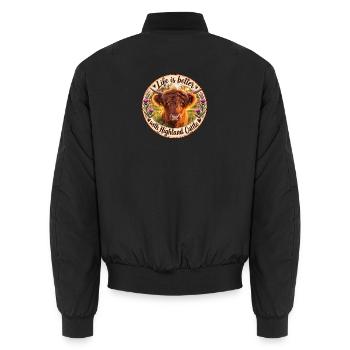 Life is better with Highland Cattle Kuh Motiv - Unisex Bomberjacke - Schwarz - Hinten - AI Model Male 185 light (185cm)