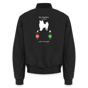 Papillon Dog Calling Smartphone Interface - Unisex Bomber Jacket - black - Back - AI Model Male 185 light (185cm)