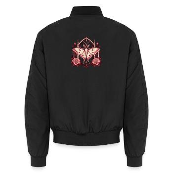 Motte und Rosen im gotischen Bogen - Unisex Bomberjacke - Schwarz - Hinten - AI Model Male 185 light (185cm)