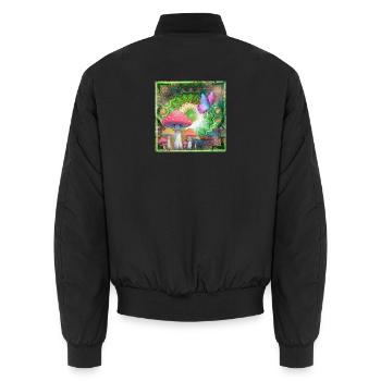 Psychedelic Mushrooms and Butterfly Neon Forest - Unisex Bomber Jacket - black - Back - AI Model Male 185 light (185cm)