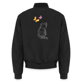 Cat with Butterflies – Sketch Design - Unisex Bomber Jacket - black - Back - AI Model Male 185 light (185cm)