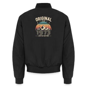 June 1973 – Legend of the Peaks and Mountains - Unisex Bomber Jacket - black - Back - AI Model Male 185 light (185cm)