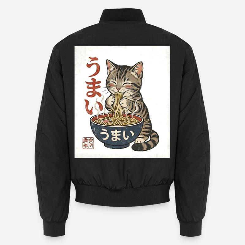 Kawaii Cat Eats Ramen – Umai Japan Retro Unisex Bomber Jacket