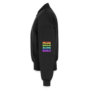 Regenbogen Schriftzug Aloha Ciao - Unisex Bomberjacke - Schwarz - Links - AI Model Male 185 light (185cm)