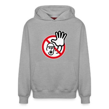 Warnzeichen / Warnung / Verbot (Symbol / 3C) - Relaxed Unisex Organic Hoodie – von SPREAD - Grau meliert - Vorne - AI Model Female 172 dark (172cm) & AI Model Male 178 light (178cm)