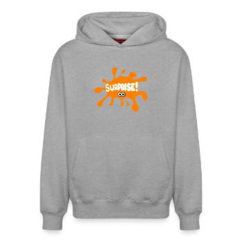 Surprise ! - Sweat à capuche unisexe décontracté en coton biologique – de SPREAD - gris chiné - Devant - AI Model Female 172 dark (172cm) & AI Model Male 178 light (178cm)